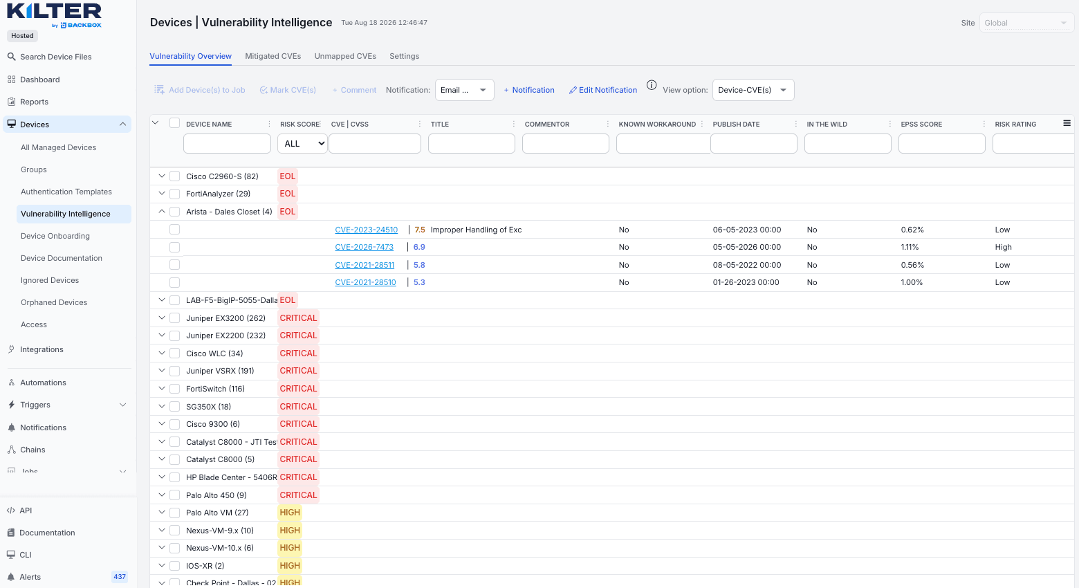 Kilter listing CVEs affecting the network with a recommended remediation beside each one.