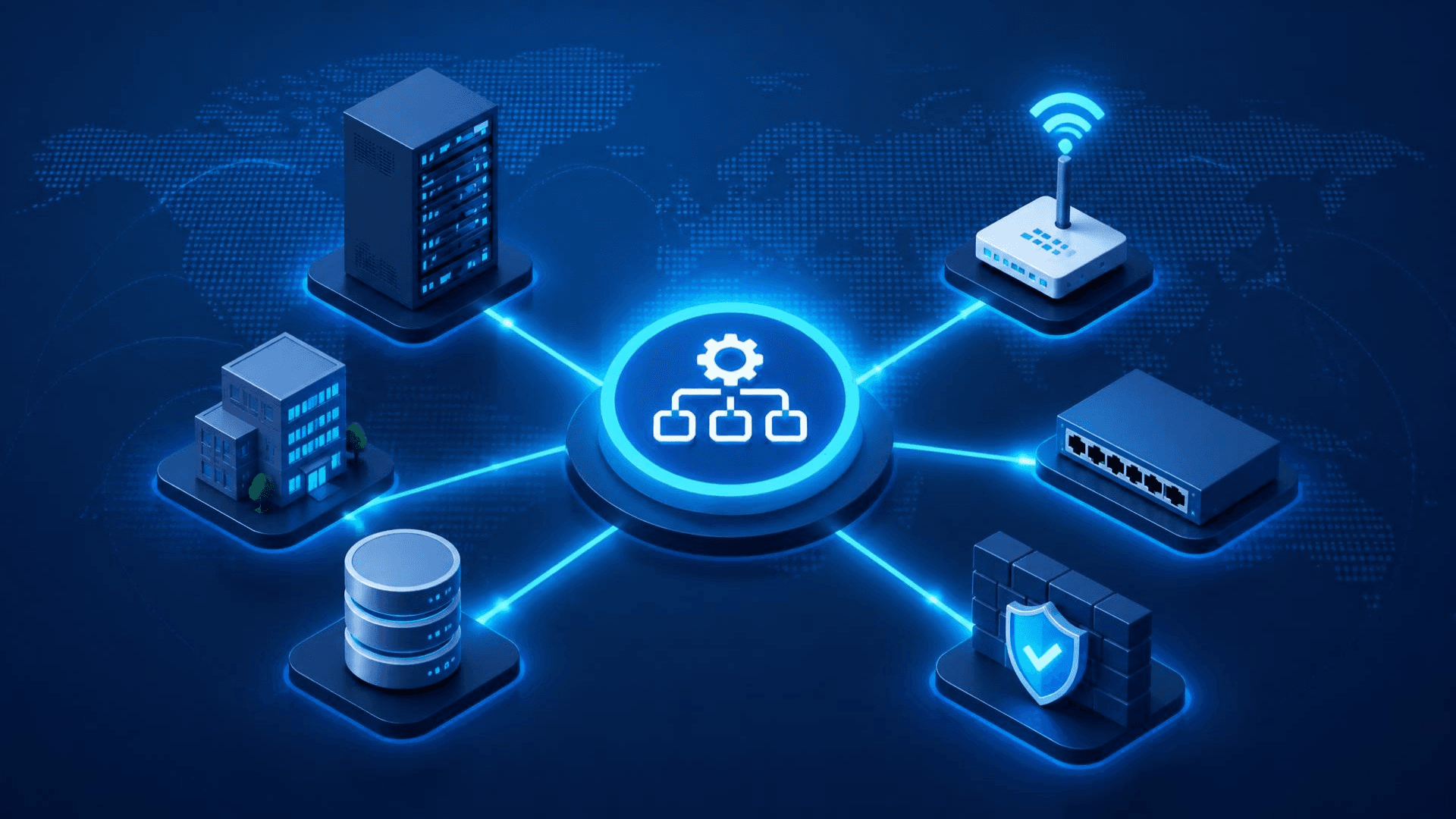 Isometric illustration of enterprise network automation showing a central hub connected to servers, routers, databases, and security devices across a global network