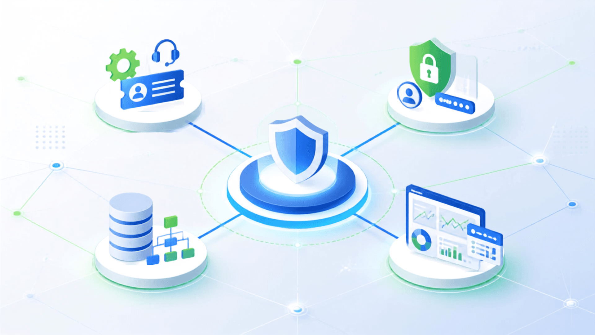 Illustration of interconnected network icons — ITSM, CMDB, PAM, and observability — converging into a central hub, representing integrated network operations.