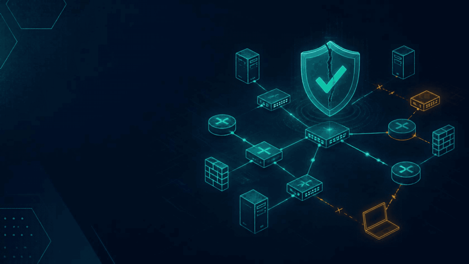 Network configuration automation gaps shown as dimmed, disconnected devices beneath a cracked security shield