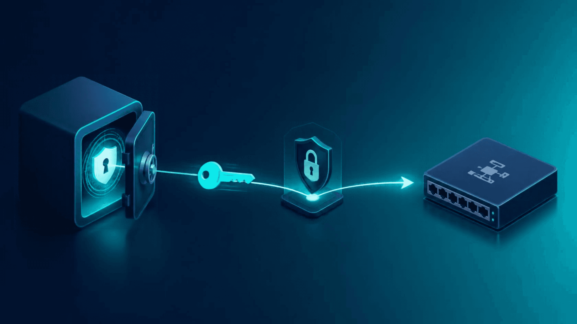 Illustration of a secure vault sending a glowing access key through a security checkpoint to a network switch, representing Kilter retrieving device credentials from CyberArk at runtime.