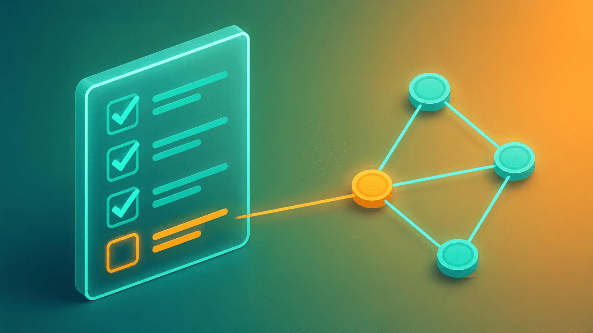 Illustration of a checklist with teal checkmarks and one unchecked amber item linked to a network node cluster, representing gaps in network config automation coverage.