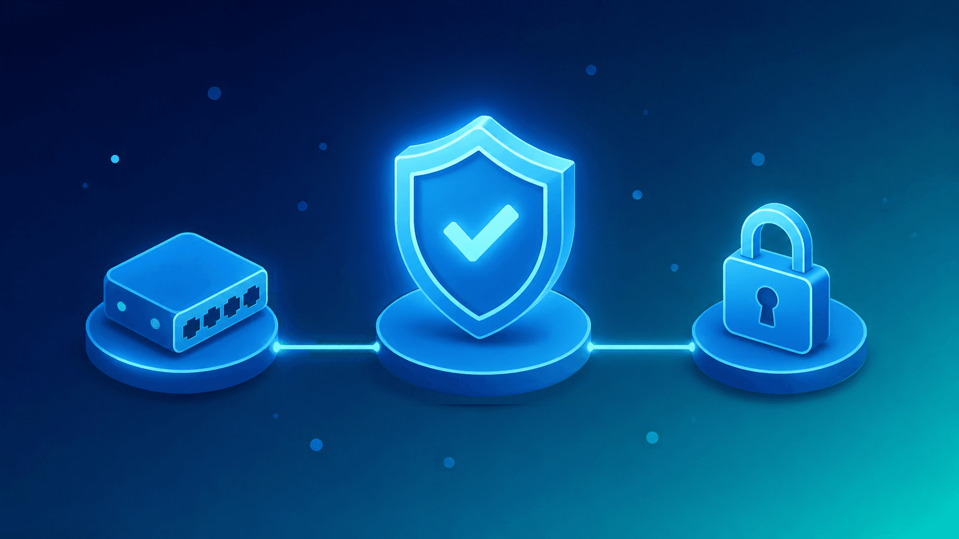 Illustration of a glowing shield with a checkmark connected to a network switch and a padlock, representing NetOps and SecOps teams working together to strengthen network security.