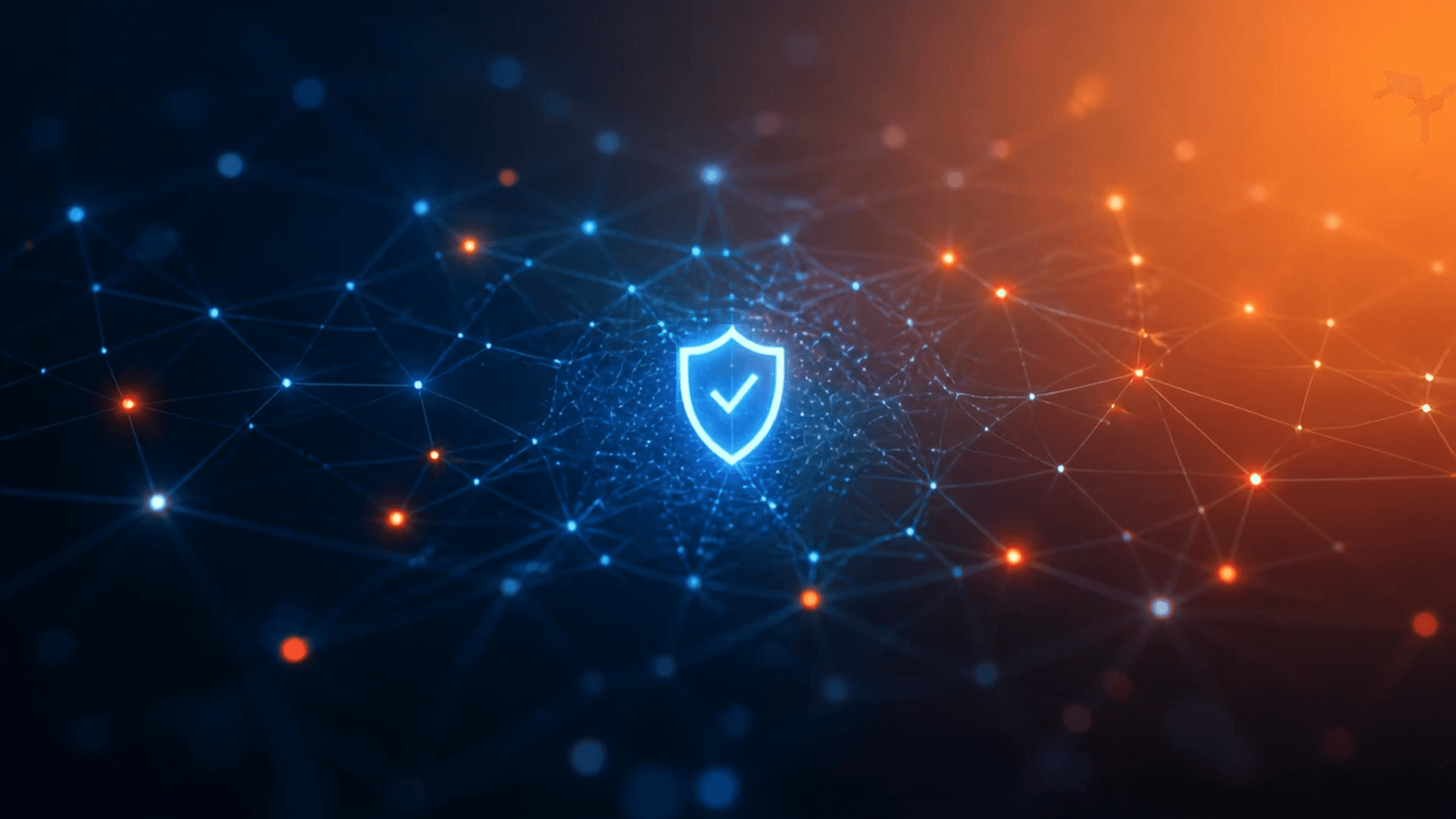 Glowing blue shield with a checkmark at the centre of a network of connected nodes, shifting from cool blue to warm orange
