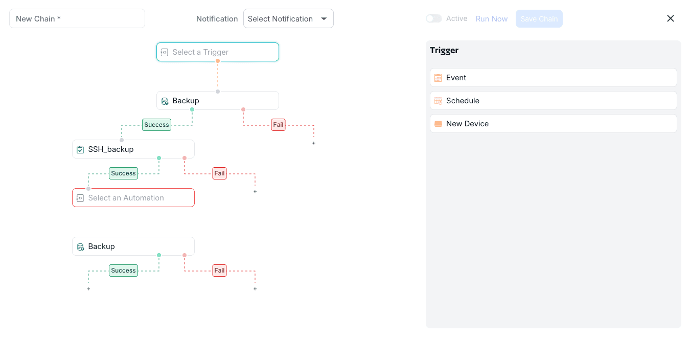 A Kilter chain running an ordered set of tasks across devices from several vendors.