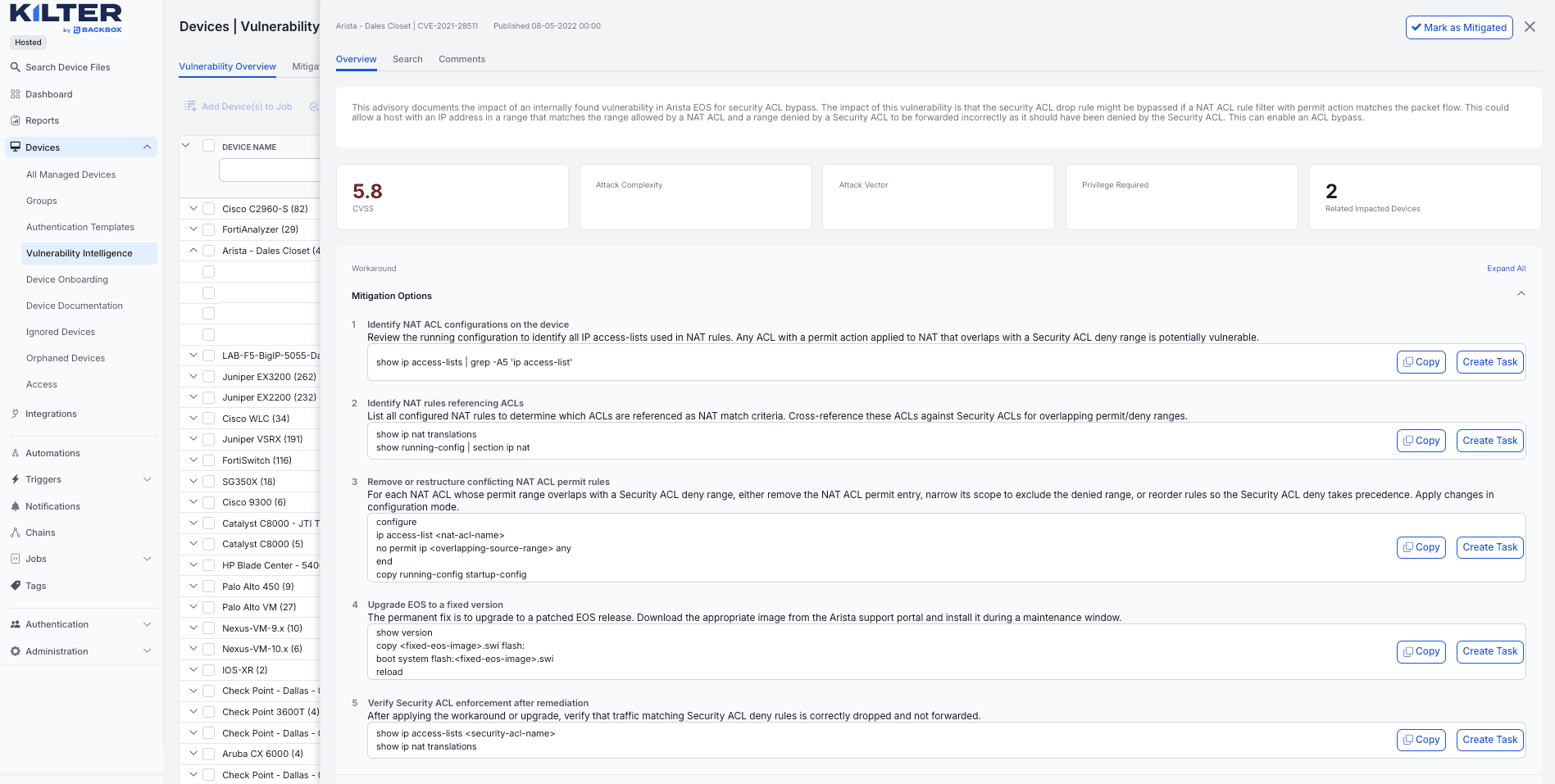 Kilter listing CVEs affecting the network with a recommended remediation beside each one.