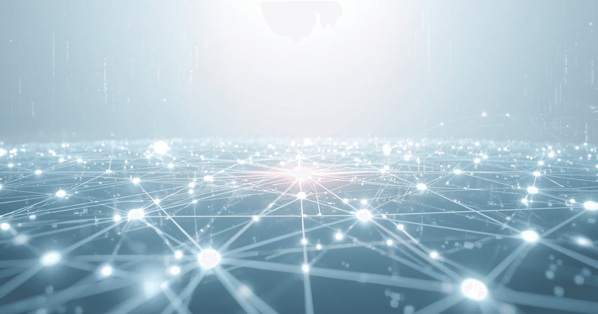 A a bright digital network surface with interconnected nodes and AI-style data flows, symbolizing intelligent automation.