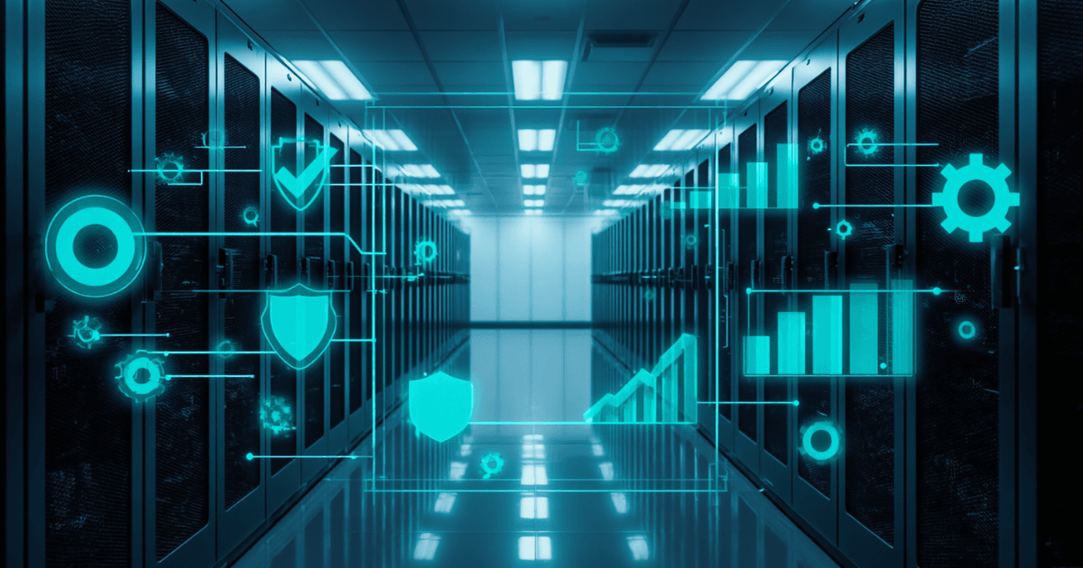 Data center server room with holographic icons representing NetOps automation, including network security shields, configuration management gears, and performance monitoring charts for automated network operations.