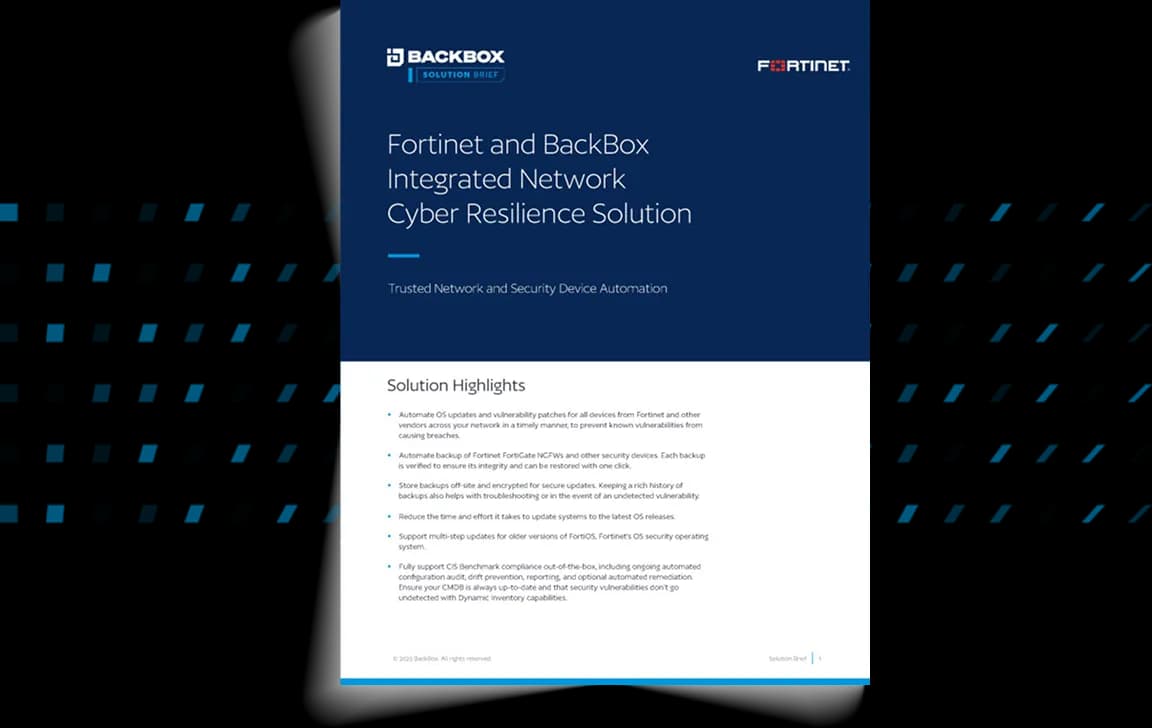 Cover image for the Fortinet and BackBox Integrated Network Cyber Resilience Solution, solution brief