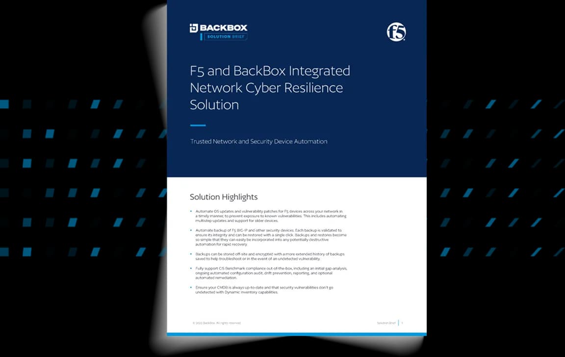 Cover of a solution brief titled 'F5 and BackBox Integrated Network Cyber Resilience Solution' with BackBox and F5 logos on a blue page.