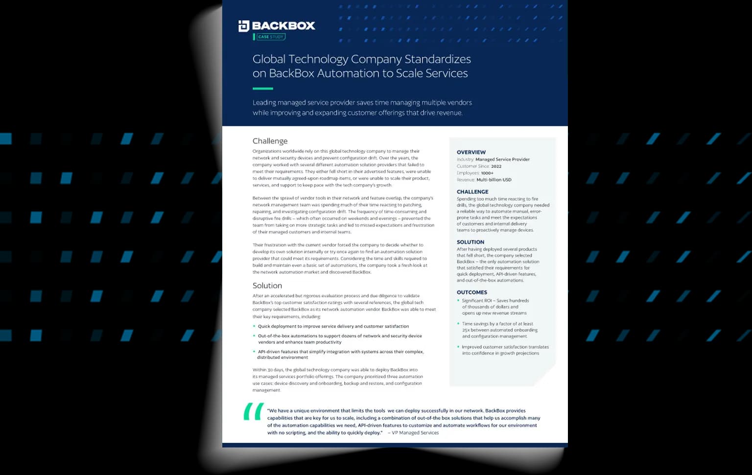 Case study cover: 'Global Technology Company Standardizes on BackBox Automation to Scale Services' on a blue header with the BackBox logo.