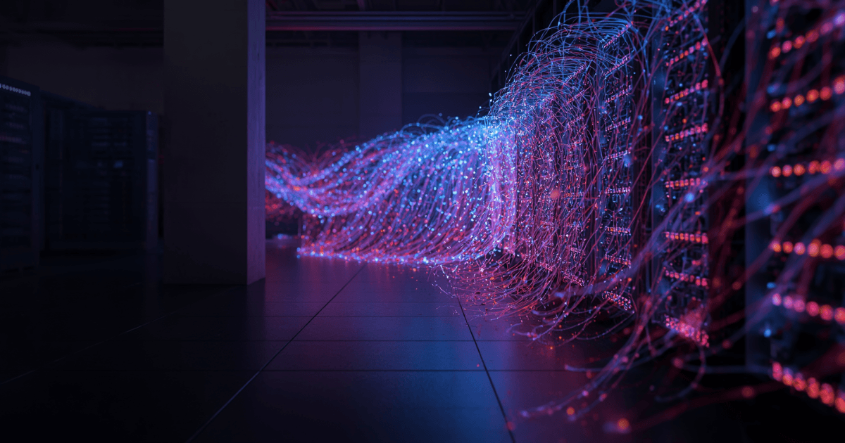 Server racks in a dark data center with glowing blue, magenta, and amber light trails representing automated network data flowing across multi-vendor infrastructure.