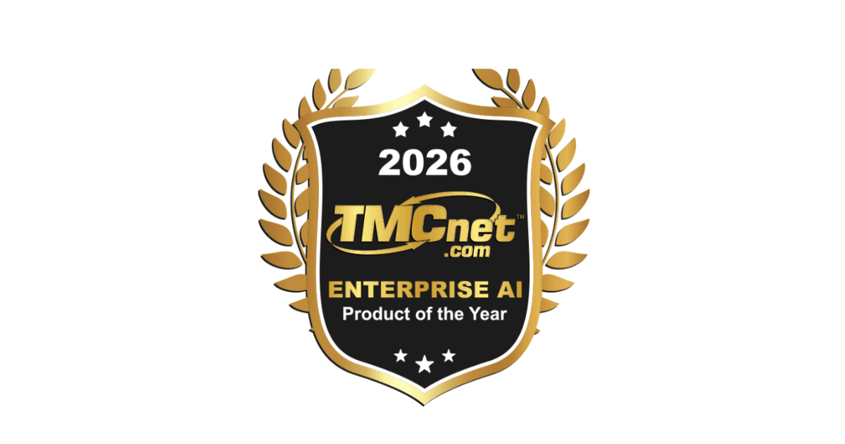 Award badge: 2026 TMCnet Enterprise AI Product of the Year, with gold laurel wreath on a black shield.