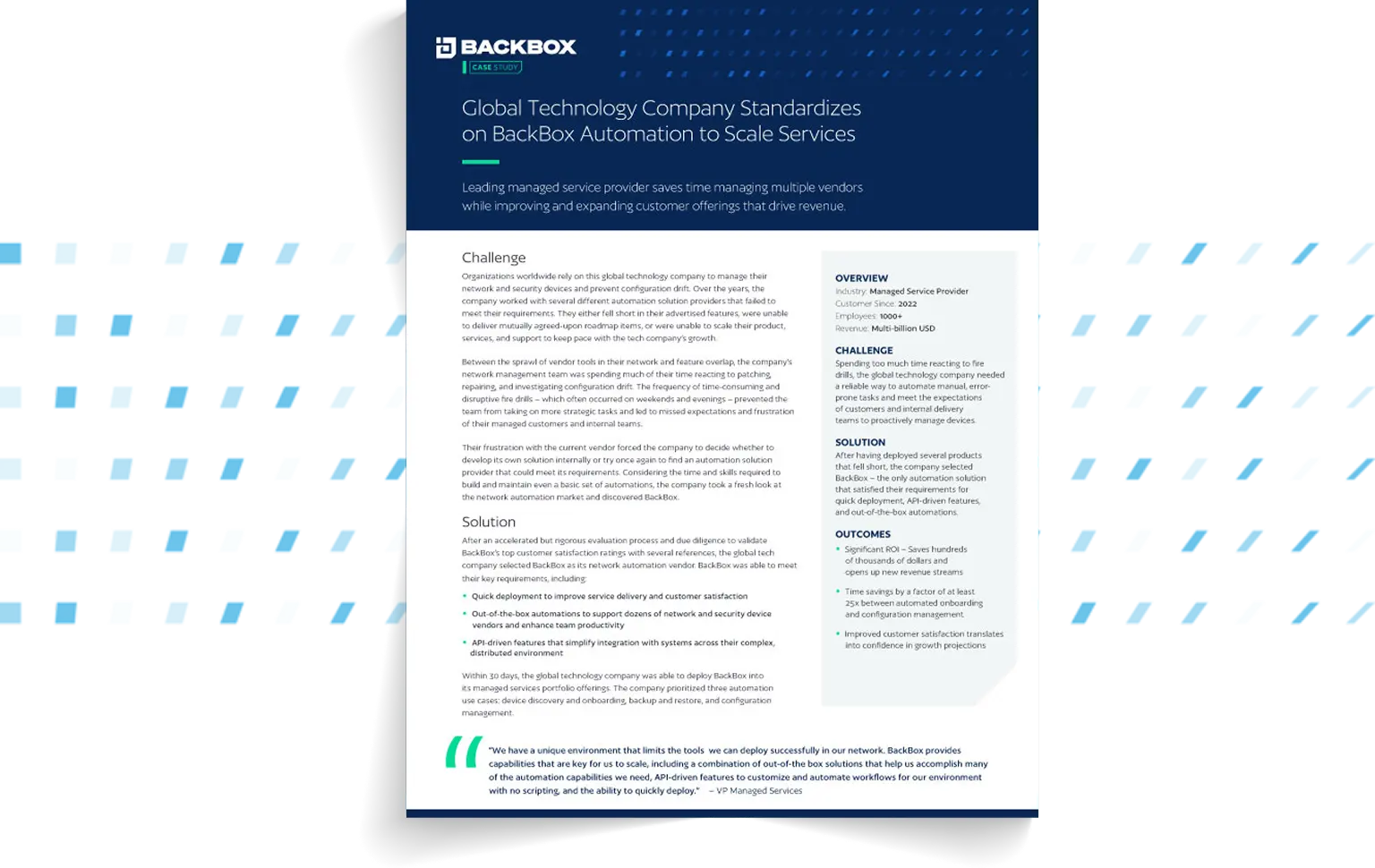Case study cover: 'Global Technology Company Standardizes on BackBox Automation to Scale Services' on a blue header with the BackBox logo.