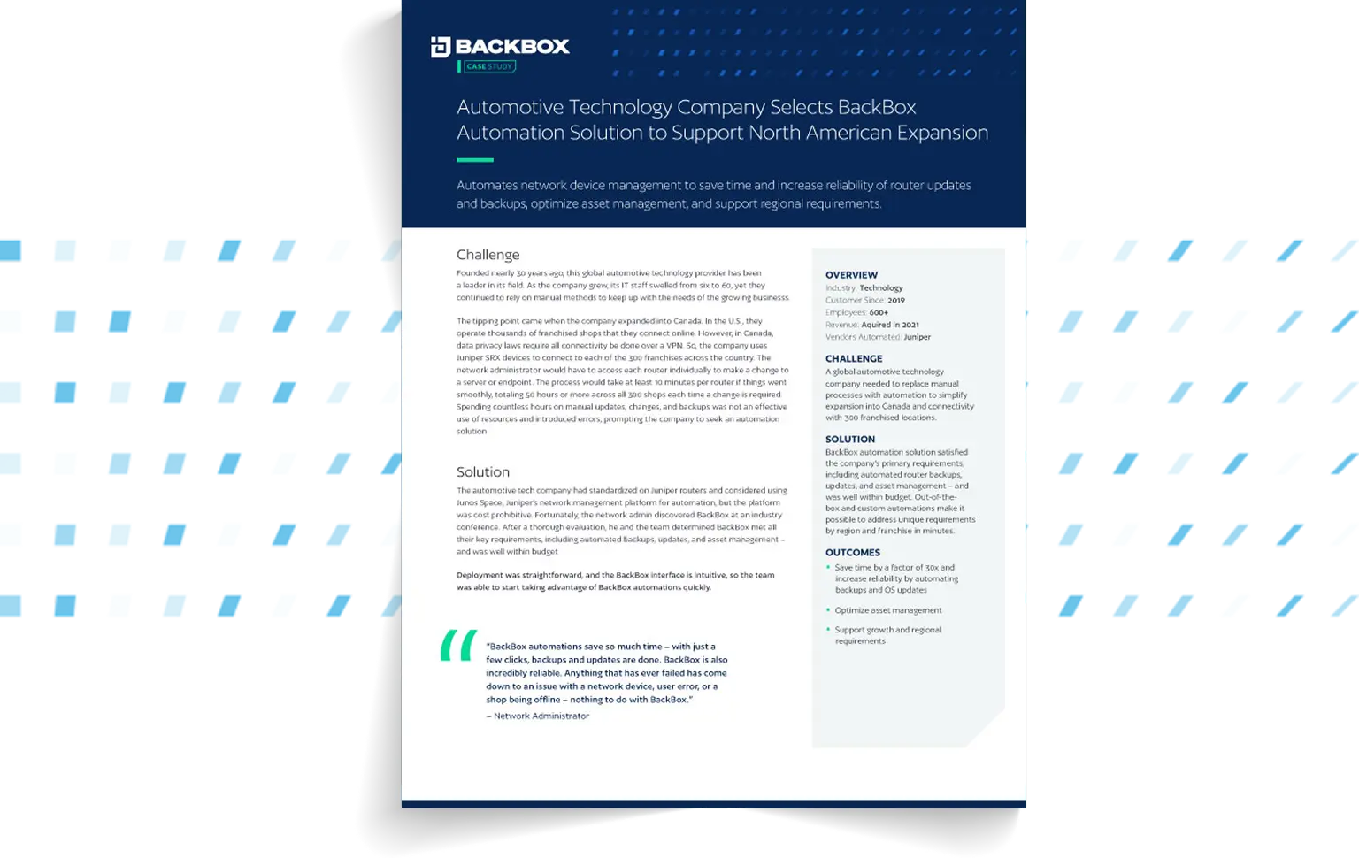 Cover image of a BackBox case study document about an automotive technology company's automation solution for North American expansion (blue header, logo visible).