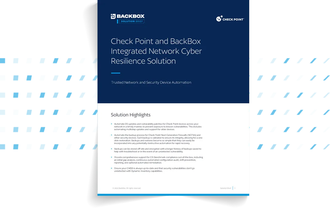 Cover image for the Check Point and BackBox Integrated Network Cyber Resilience Solution Solution Brief