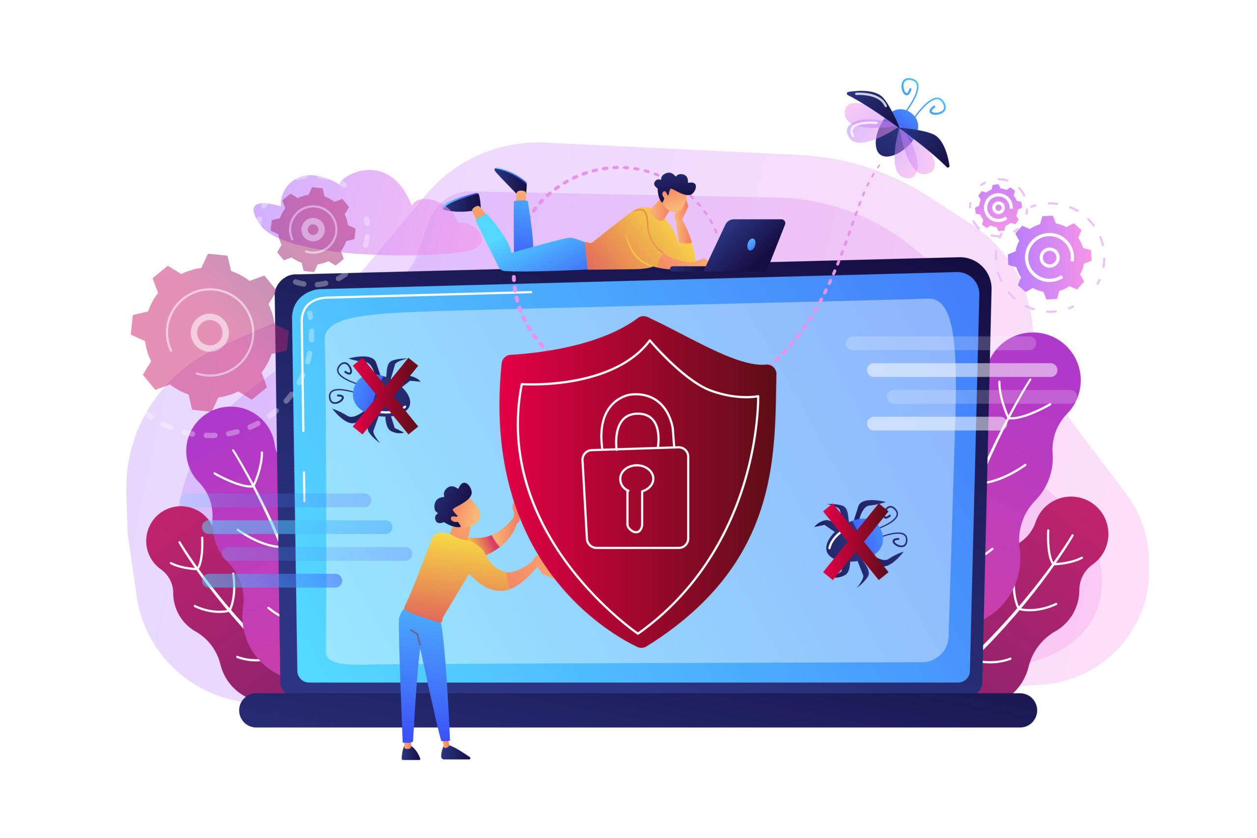 A man before laptop with shield and lock on the screen. Anti virus software, anti-malware, spyware, trojan, adware as internet security concept. Violet palette. Vector illustration on background