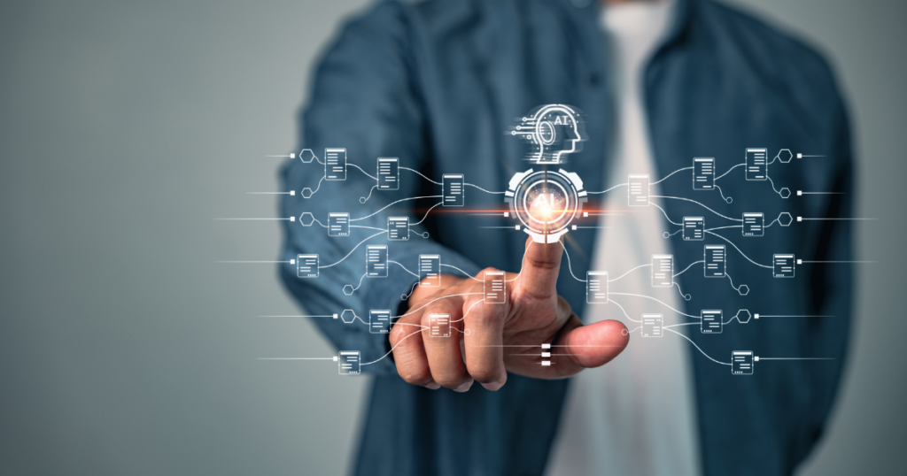 Person using a digital interface to manage AI-powered network automation and interconnected infrastructure systems.