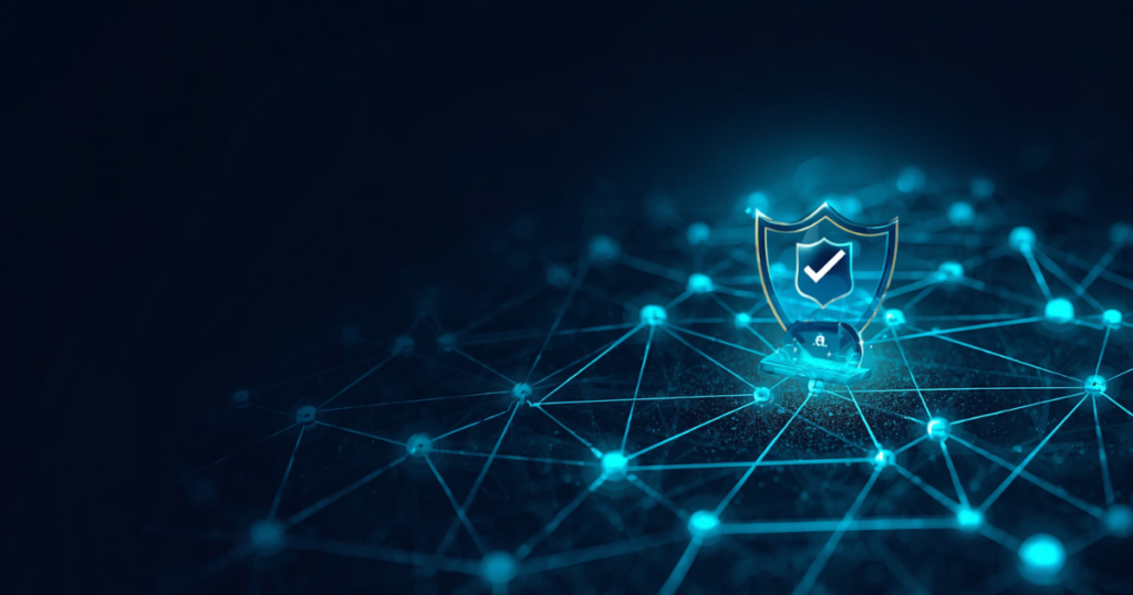 Abstract digital illustration of a glowing blue network grid with interconnected nodes, symbolizing trustworthy AI in network infrastructure and cybersecurity.