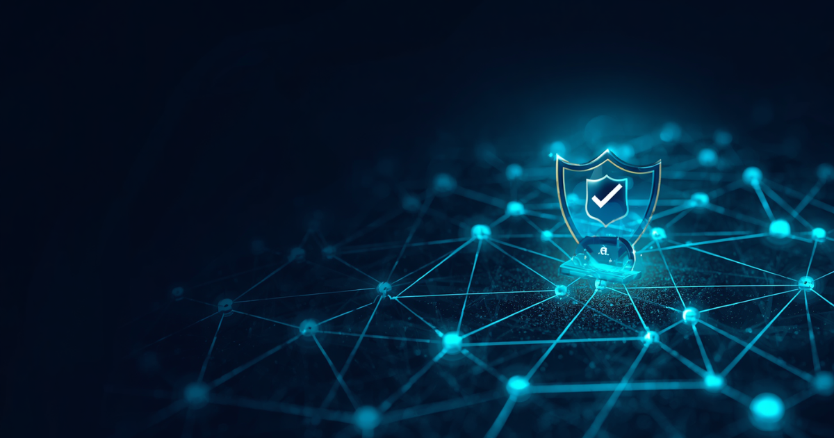 Abstract digital illustration of a glowing blue network grid with interconnected nodes, symbolizing trustworthy AI in network infrastructure and cybersecurity.