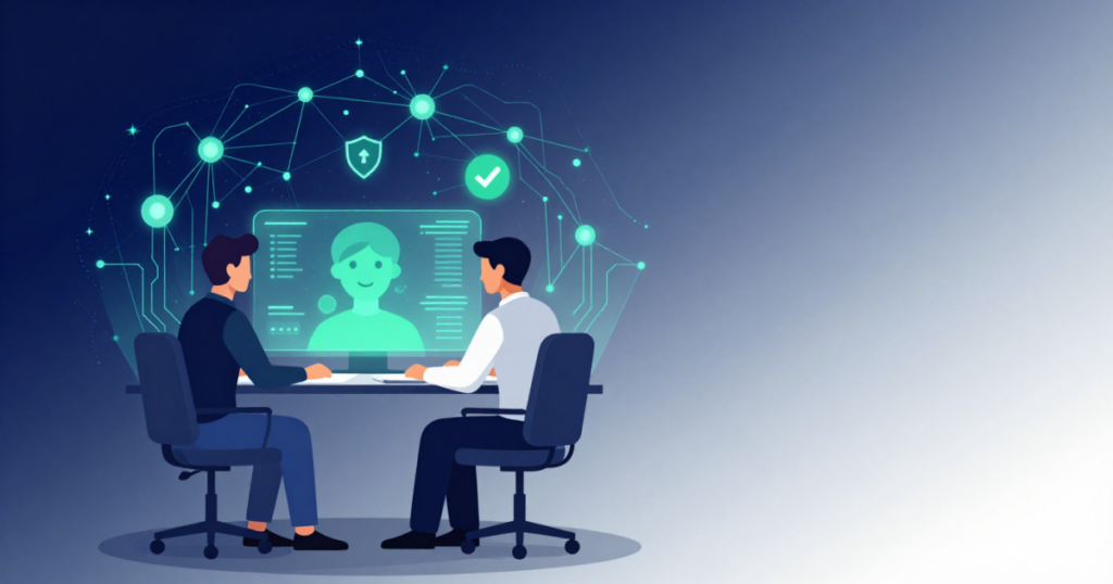Illustration of a network engineer working alongside an AI assistant interface, surrounded by network nodes and security icons, representing trusted, human-controlled AI in network operations.