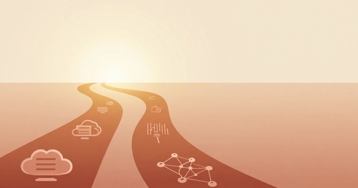 Illustration comparing the cloud computing adoption journey to today's AI adoption curve, showing two parallel paths with cloud and AI icons converging toward a shared horizon.