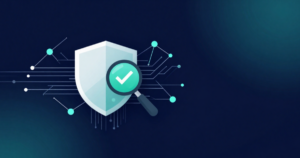 Shield icon with a magnifying glass showing a checkmark, surrounded by network nodes, representing security verification and compliance validation