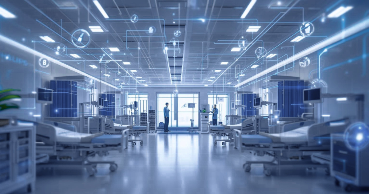 Modern hospital environment with connected medical devices and network infrastructure, visualized through a cybersecurity interface showing real-time data flow, monitoring, and secure system connectivity.