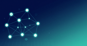 Glowing network diagram of connected nodes with one node showing a checkmark, illustrating verified connections across a system.