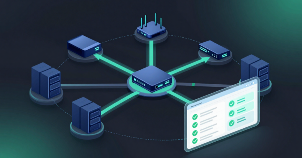 Diagram illustrating what is network automation, showing interconnected network devices and automated compliance monitoring