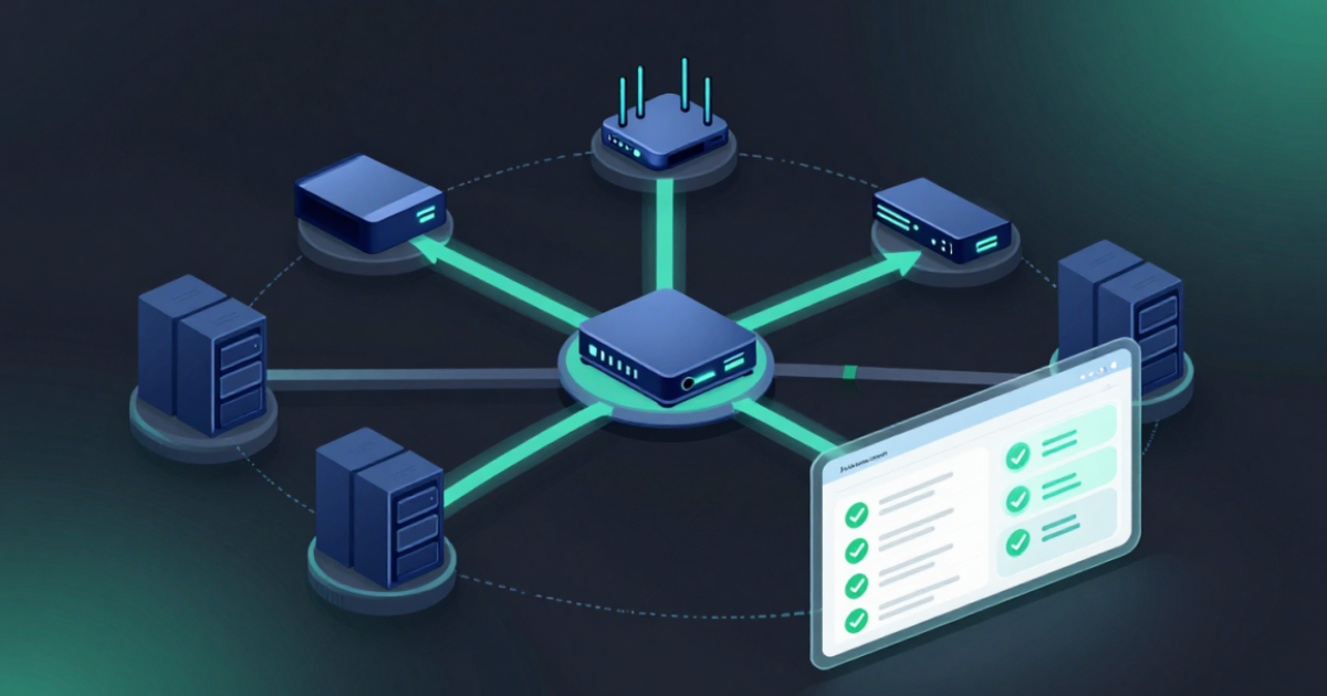 Diagram illustrating what is network automation, showing interconnected network devices and automated compliance monitoring