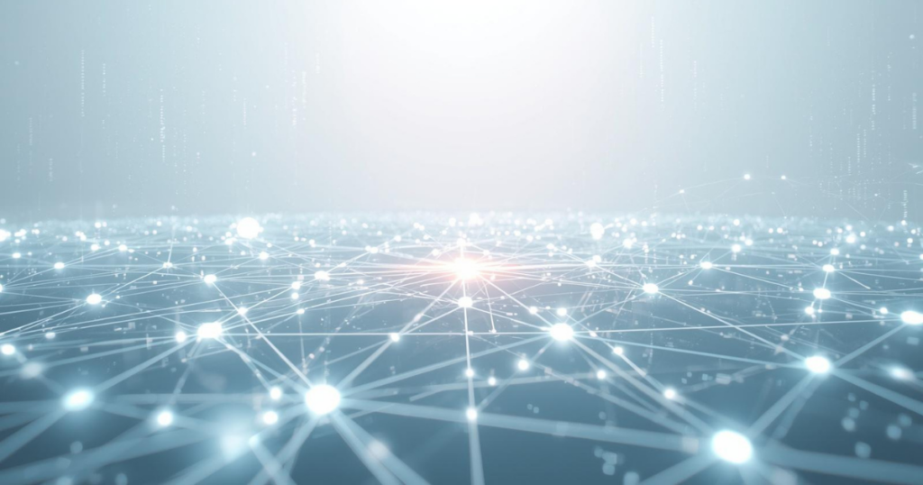 A a bright digital network surface with interconnected nodes and AI-style data flows, symbolizing intelligent automation.