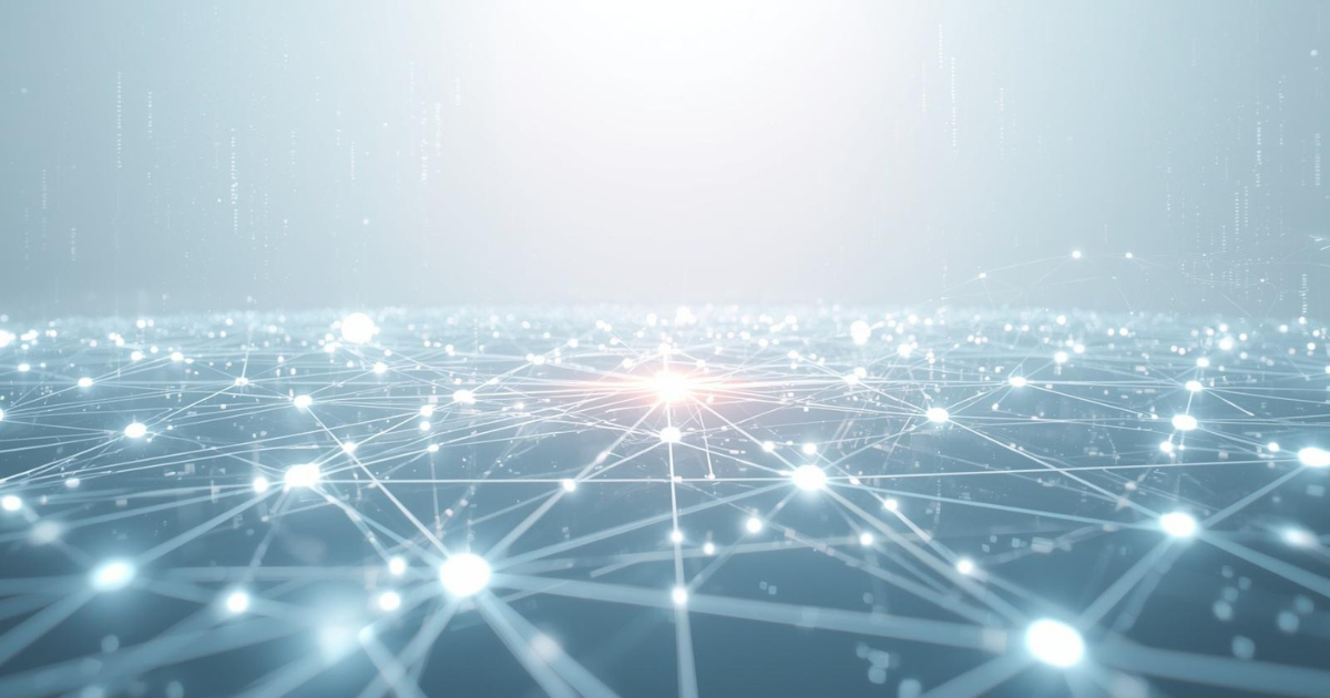 A a bright digital network surface with interconnected nodes and AI-style data flows, symbolizing intelligent automation.
