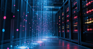 Network automation solutions with glowing blue and pink light streams flowing through server racks, representing high-speed data processing and network connectivity.
