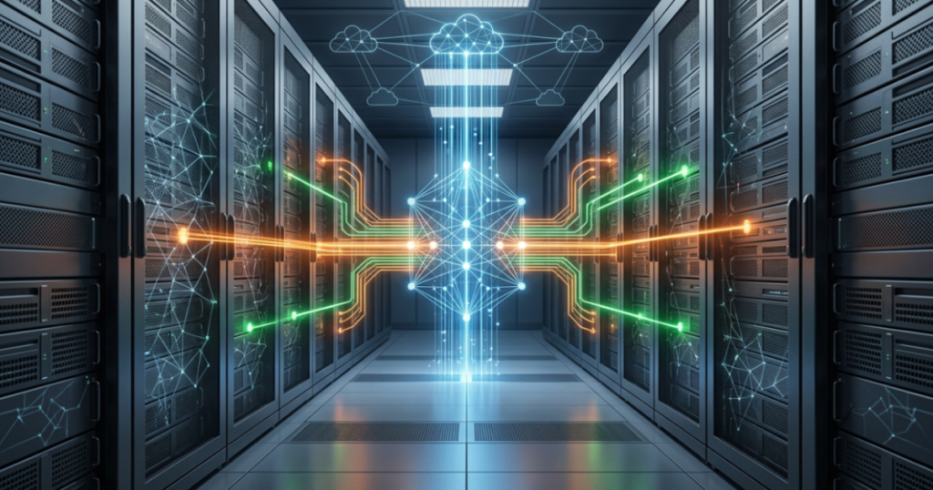 Server room corridor with glowing blue, orange, and green data connections converging into a central network node beneath cloud icons, representing AI network automation.