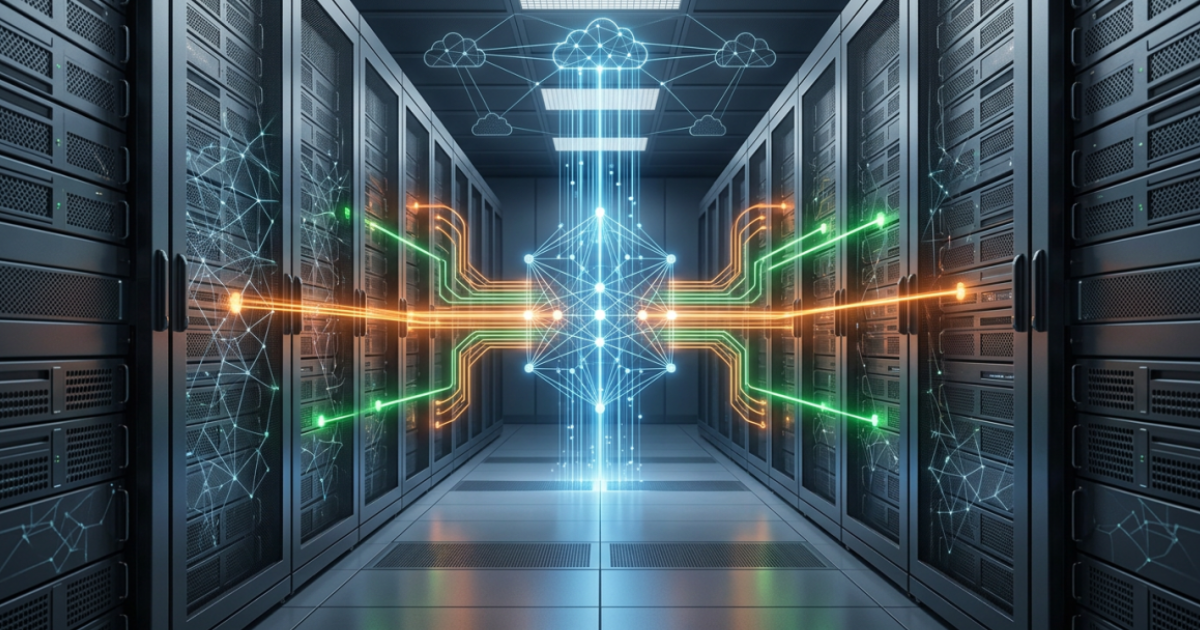 Server room corridor with glowing blue, orange, and green data connections converging into a central network node beneath cloud icons, representing AI network automation.