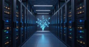 Symmetrical data center corridor with server racks and glowing blue, teal, and amber network connections converging into a central abstract node, representing AI network automation.