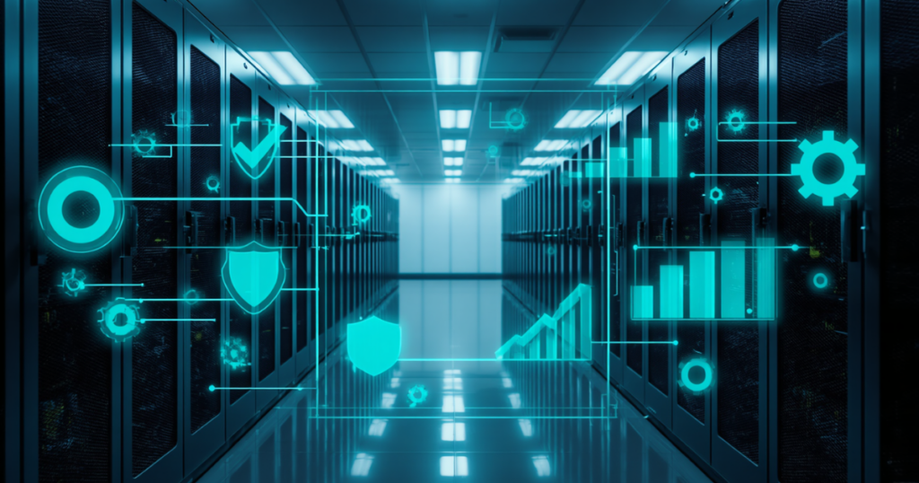 Data center server room with holographic icons representing NetOps automation, including network security shields, configuration management gears, and performance monitoring charts for automated network operations.
