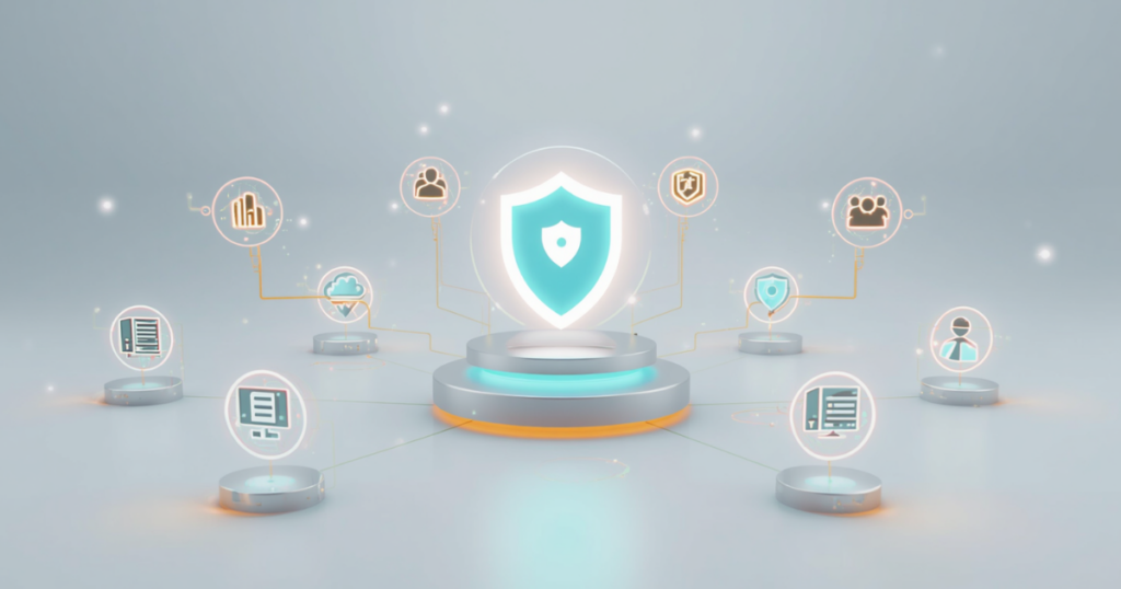 3D illustration of a network operations automation hub with a central teal shield connected to surrounding nodes representing servers, cloud, compliance, and network management icons.