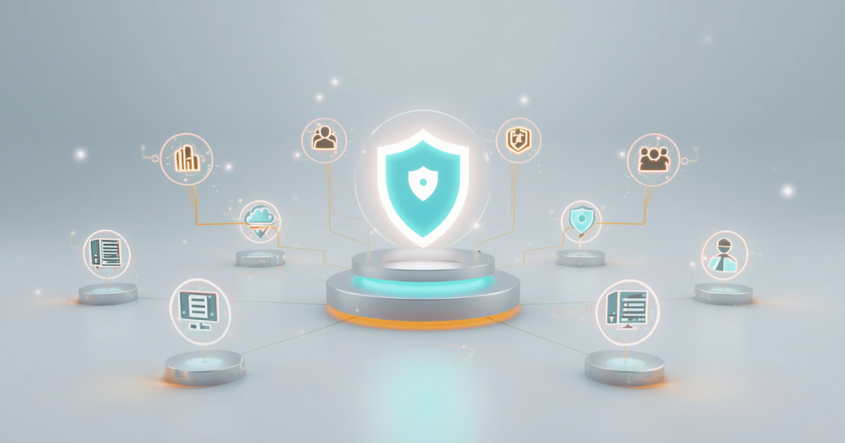 3D illustration of a network operations automation hub with a central teal shield connected to surrounding nodes representing servers, cloud, compliance, and network management icons.