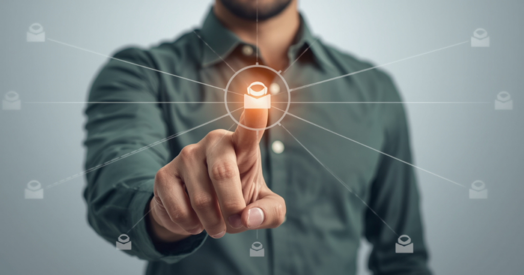 Man in a charcoal gray shirt pointing at a glowing AI hub icon connected to network automation workflow icons, symbolizing network automation software technology.