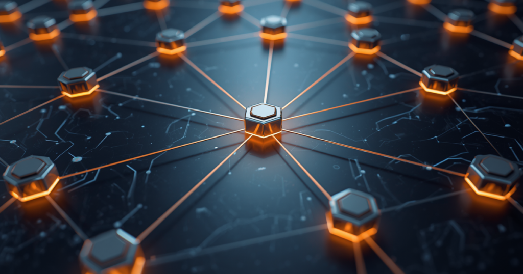 Illustration of a network automation platform connecting multiple devices through a centralized, automated hub