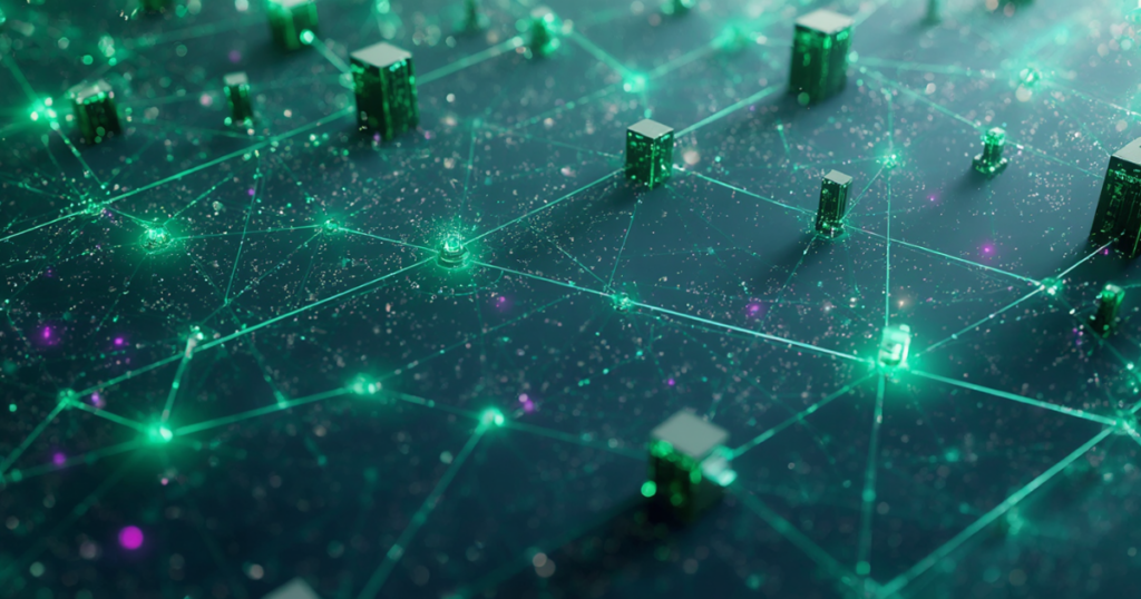 Illustration of automated network infrastructure with secure connected nodes representing network automation improving efficiency and cyber resilience