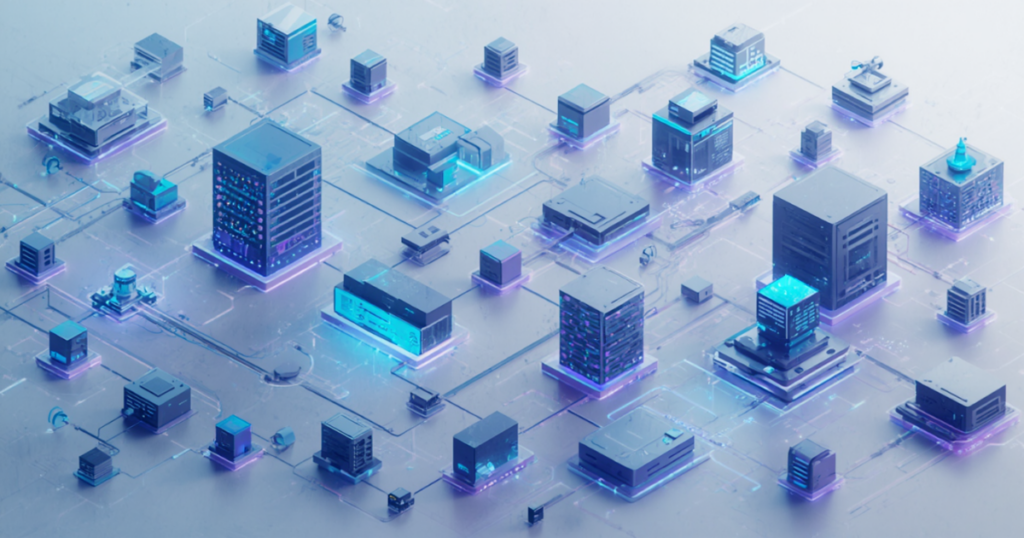 A futuristic network infrastructure environment with server blocks, data nodes, and interconnected systems. Include glowing data pathways flowing between components.