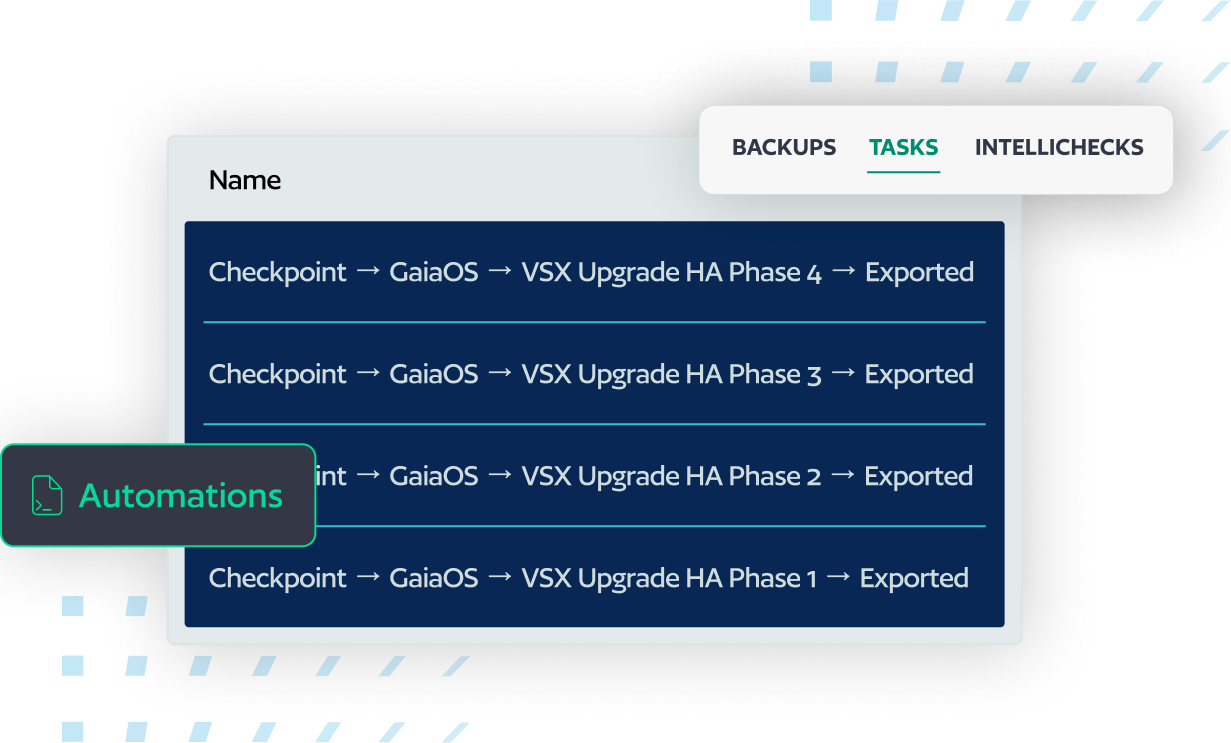 UI dashboard card showing upgrade checkpoints for GaiaOS VSX with a highlighted Tasks tab and an Automations badge on the left.