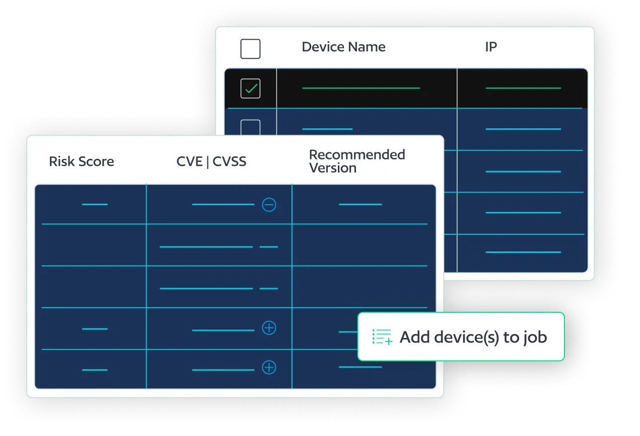 Two overlapping white panels on a dark blue grid show risk scoring and CVE/CVSS data, with an 'Add device(s) to job' tooltip/button.