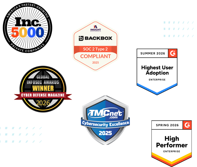 hero-about-illustration Collage of cybersecurity awards badges on a black background, including Inc. 5000 and SOC 2 Compliant logos.